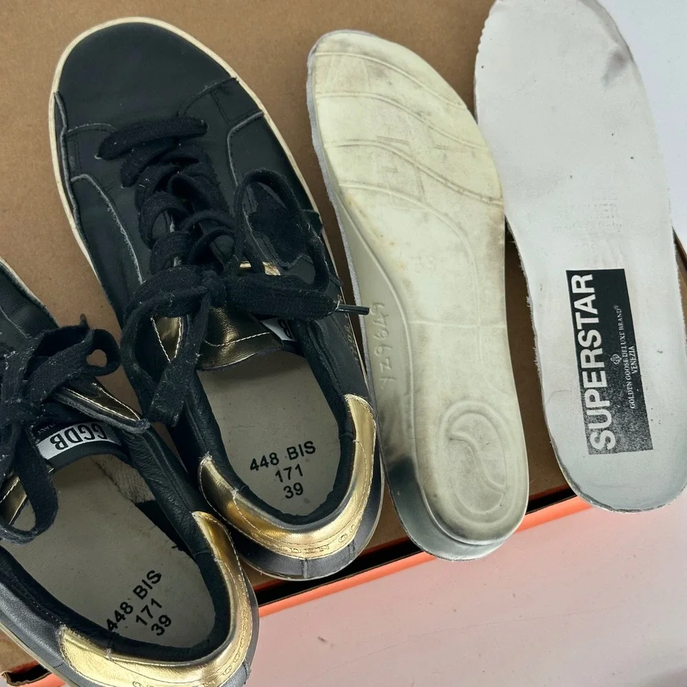 Golden Goose Superstar Black Leather Sneakers Low Trainers‎ Gold Heel Italy 39